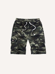 Solid Color Flap Pocket Side Drawstring Waist Cargo Shorts