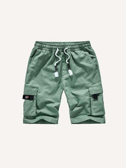 Solid Color Flap Pocket Side Drawstring Waist Cargo Shorts