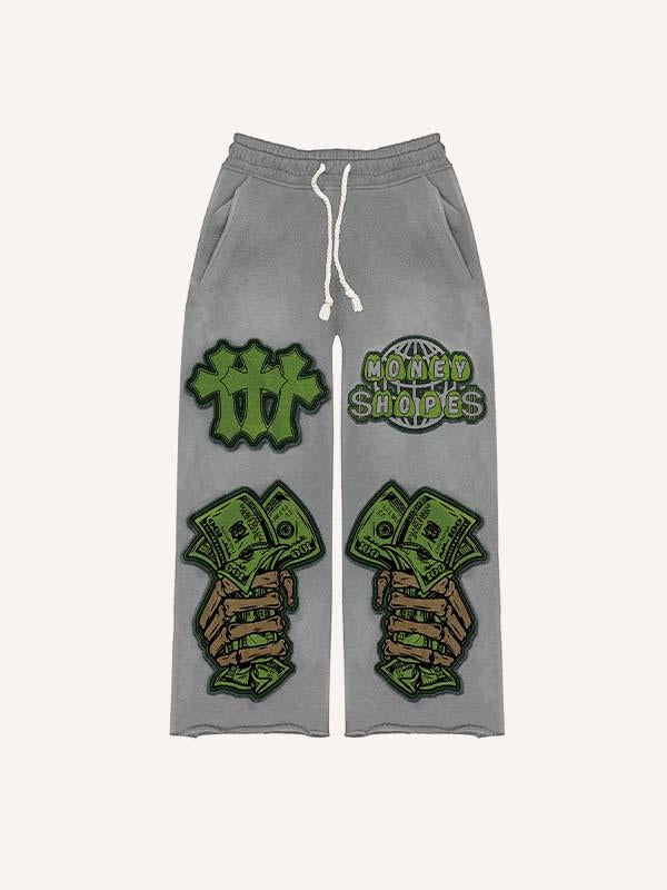 Palm&Cross&Money&Letter Faux Decal Print Elastic Waist Pants