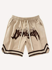 Striped Letter Graphic Drawstring Waist Shorts