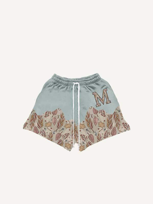 Leaf&Floral&Letter Print Drawstring Waist Shorts