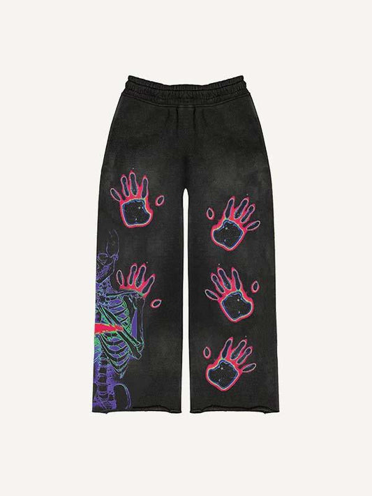 Skeleton&Palm Graphic Print Elastic Waist Pants
