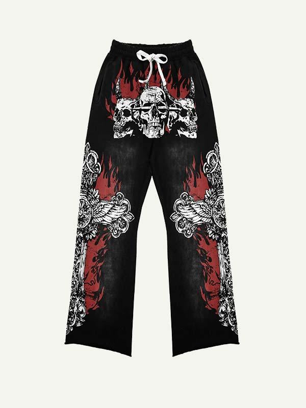 Demon Skull&Cross&Fire Print Elastic Waist Pants