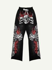 Demon Skull&Cross&Fire Print Elastic Waist Pants