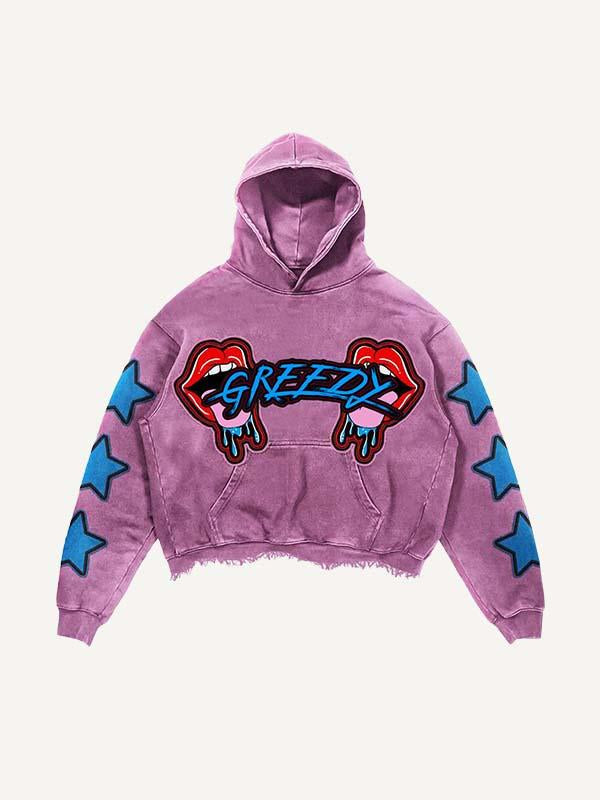 Tongue&Star&Letter Faux Decal Print Slant Pockets Hoodie