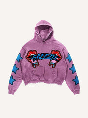 Tongue&Star&Letter Faux Decal Print Slant Pockets Hoodie