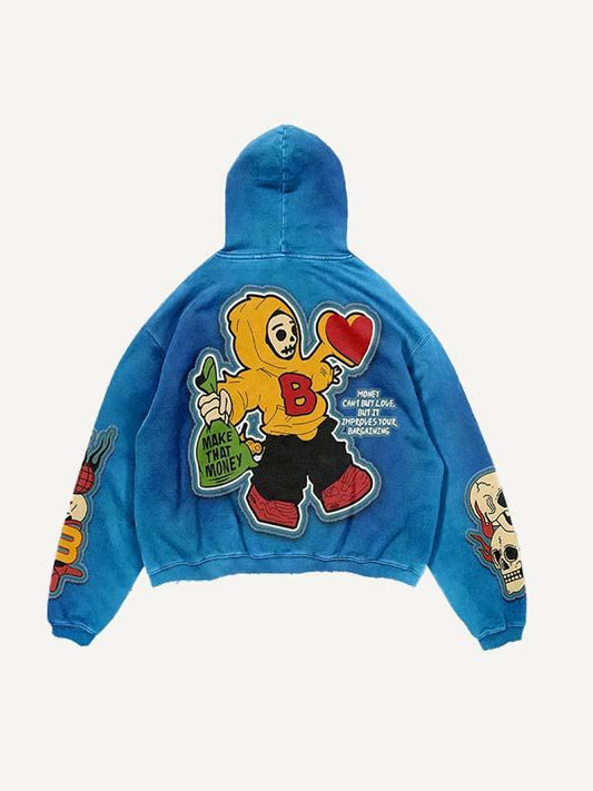 Skull&Letter&Heart Graphic Faux Decal Print Slant Pockets Hoodie