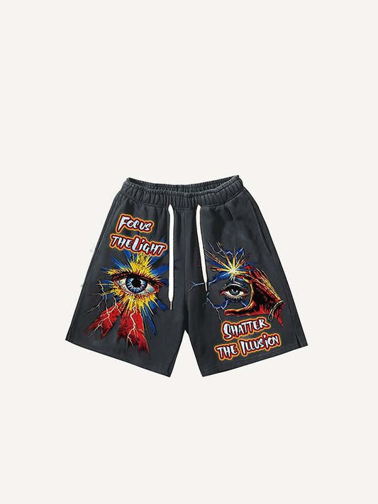 Palm&Eye&Letter Print Drawstring Waist Shorts