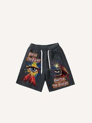 Palm&Eye&Letter Print Drawstring Waist Shorts