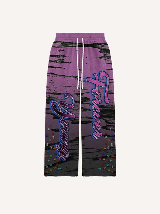 Colorblock Letter&Graphic Faux Rhinestones Print Elastic Waist Pants