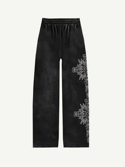 Letter&Cross Print Elastic Waist Pants