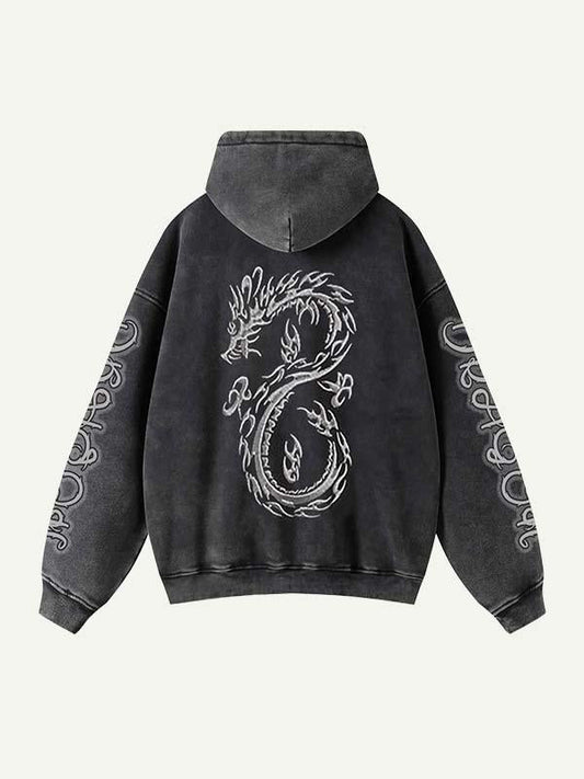 Dragon Letter Print Zip Up Slant Pockets Hooded Coat