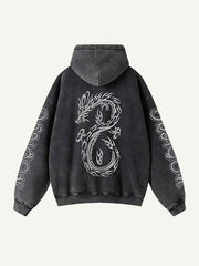 Dragon&Letter Print Zip Up Slant Pockets Hooded Coat