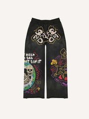 Skeleton&Letter Graffiti Print Elastic Waist Pants
