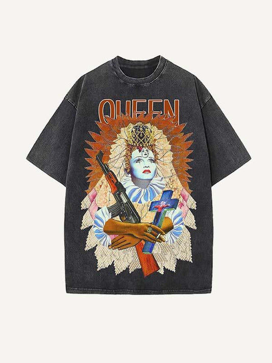 Distressed Washed Figure&Letter Graphic Print Round Neck T-shirt