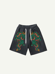 Dragon Print Drawstring Waist Shorts