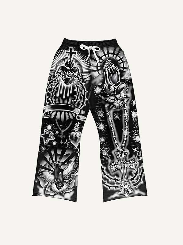 Pray&Heart&Cross Graphic All Over Print Elastic Waist Pants