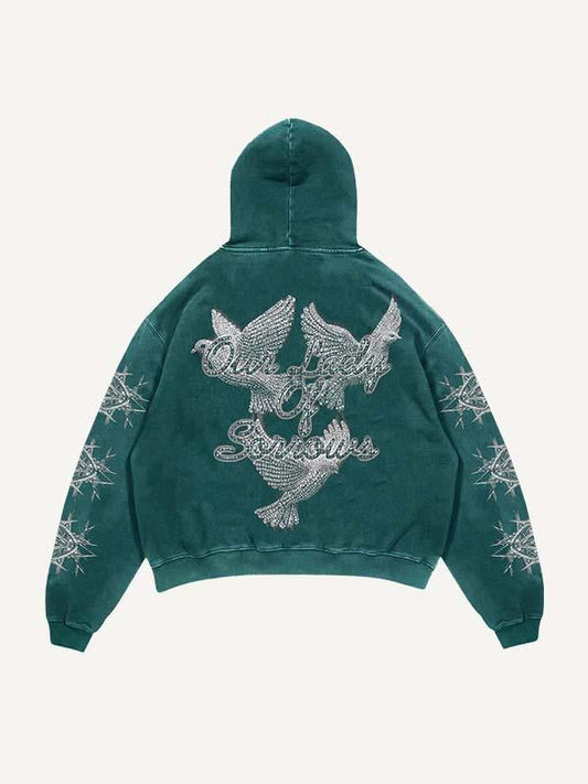 Jesus Pigeon Letter Faux Rhinestones Print Slant Pockets Hoodie