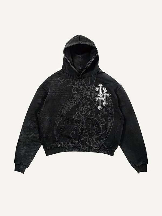 Angel&Cross Graphic Print Slant Pockets Hoodie