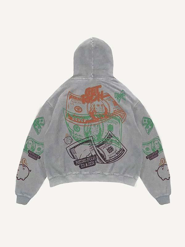 Money&Pig&Bow&Letter Print Slant Pockets Hoodie