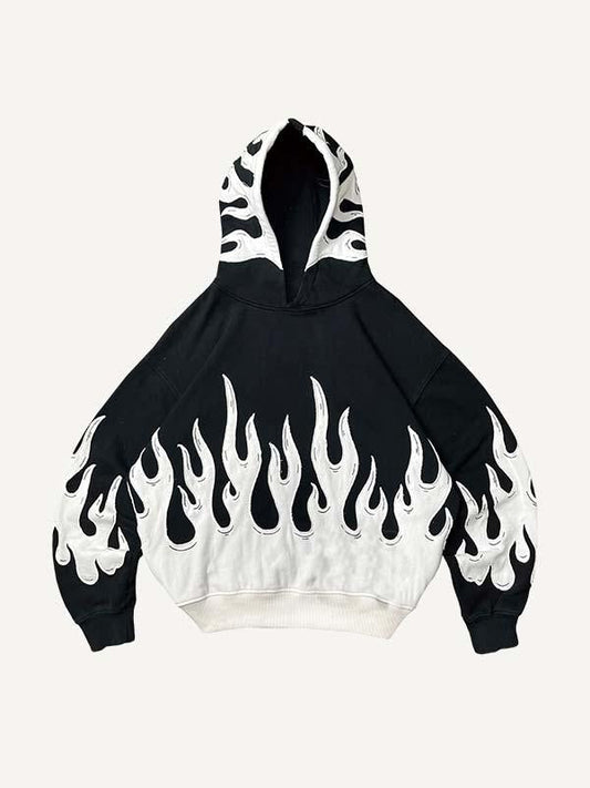 Colorblock Fire Faux Decal Print Slant Pockets Hoodie