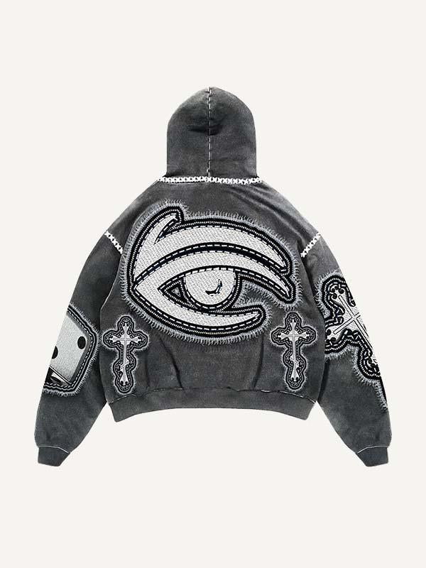 Eye&Cross&Dice&Star Faux Decal Print Slant Pockets Hoodie