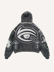 Eye&Cross&Dice&Star Faux Decal Print Slant Pockets Hoodie