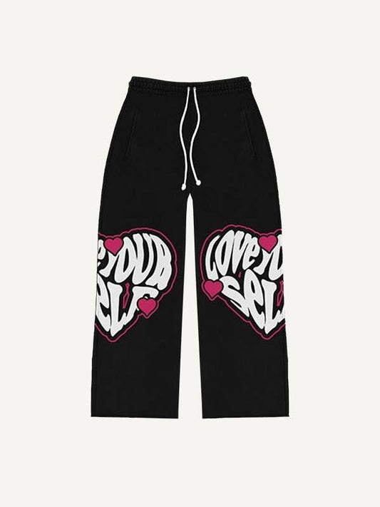 Heart&Letter Faux Decal Print Elastic Waist Pants