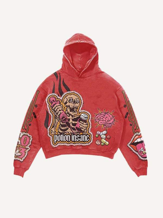 Skeleton Injection Medicine&Letter Faux Decal Print Slant Pockets Hoodie