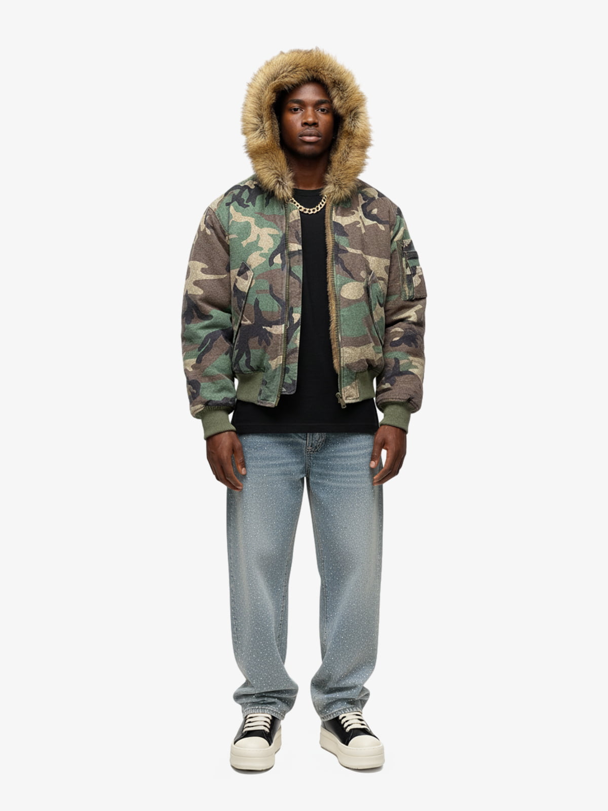 Camouflage Fur Collar Reversible Cotton Jacket
